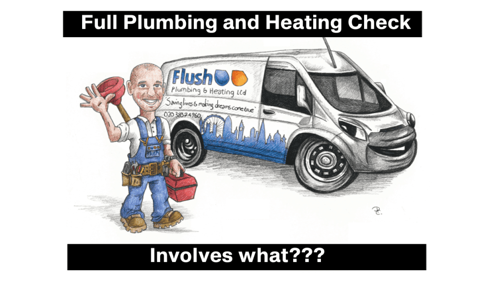 Illustration of a plumber with tools and a Flush Plumbing & Heating Ltd. branded van, emphasizing a full plumbing and heating check.