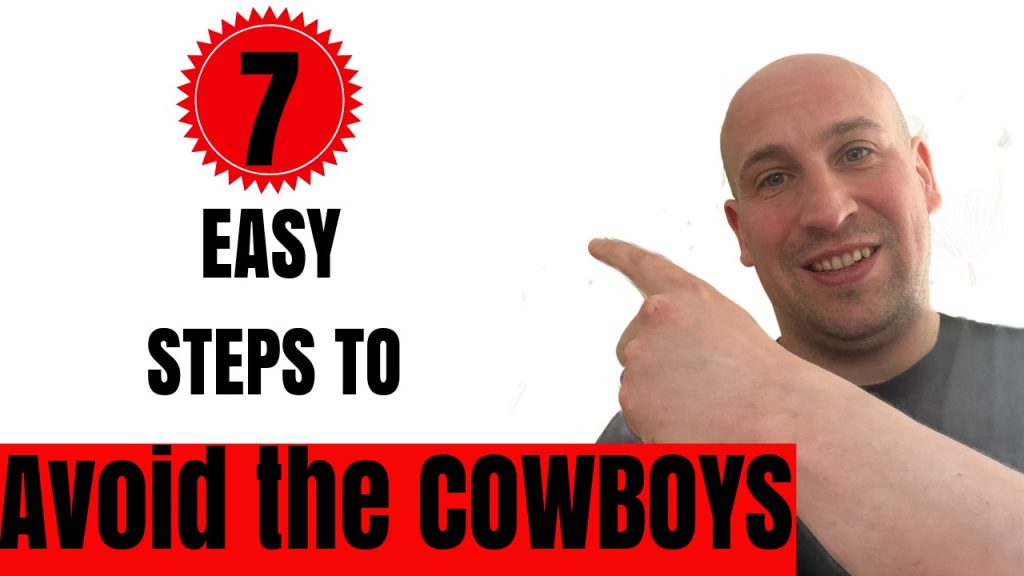 Man smiling and pointing, with text overlay "7 Easy Steps to Avoid the Cowboys," emphasizing guidance on selecting trustworthy plumbing and heating services.