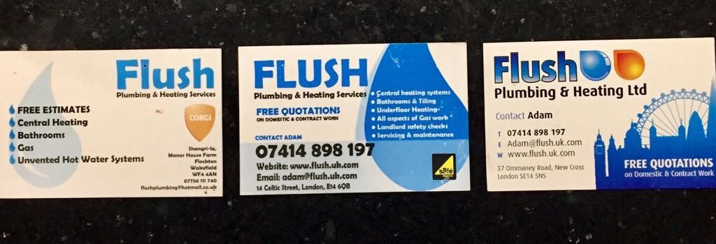 Flush Plumbing & Heating business cards displaying services like central heating, bathrooms, and gas installations, featuring contact information and logos, emphasizing free estimates and quotations.