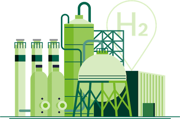 Illustration of hydrogen production facilities, featuring green industrial structures, storage tanks, and a prominent hydrogen symbol, relevant to discussions on sustainable energy and net-zero emissions.
