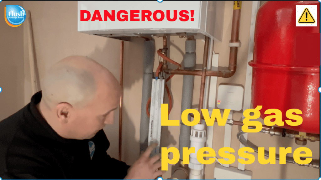 Technician inspecting plumbing system with warning text "DANGEROUS!" and "Low gas pressure," highlighting gas safety concerns for plumbing and heating services.