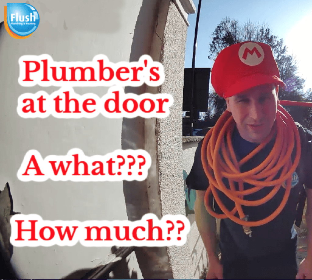 Plumber in red hat with hose at door, humorous text overlay about plumbing service costs, representing Flush Plumbing & Heating.