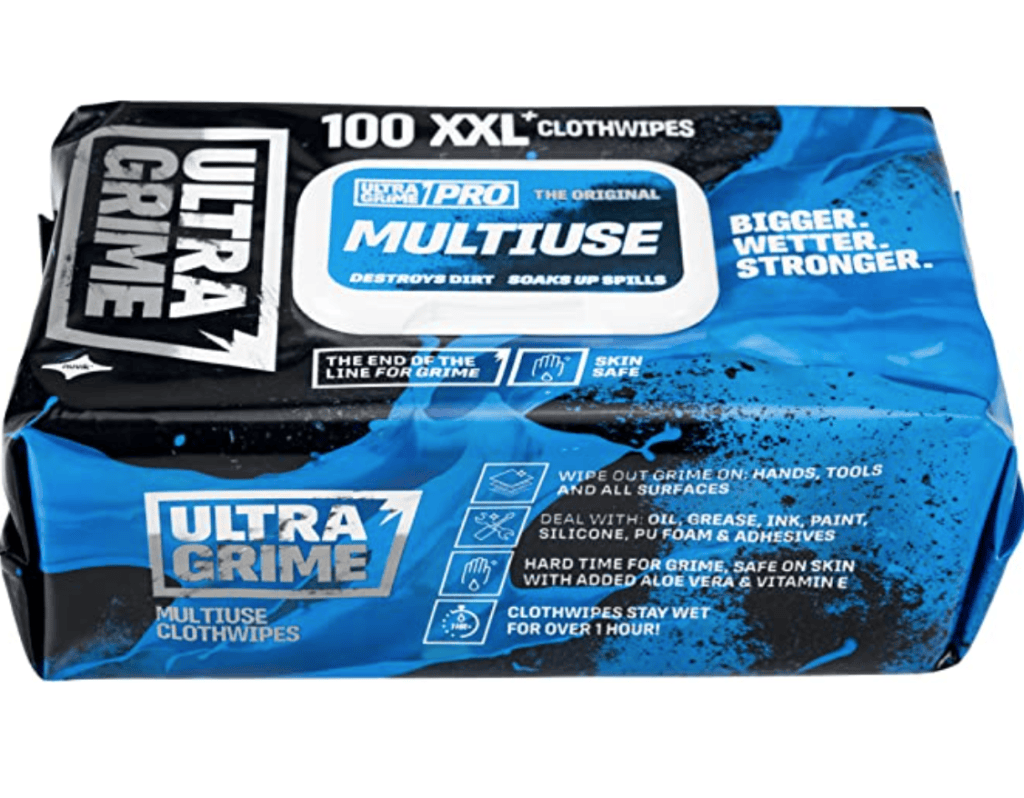 Ultra Grime multi-use cloth wipes packaging, featuring bold branding and key product benefits, emphasizing larger size and effectiveness for cleaning grime in plumbing and heating tasks.