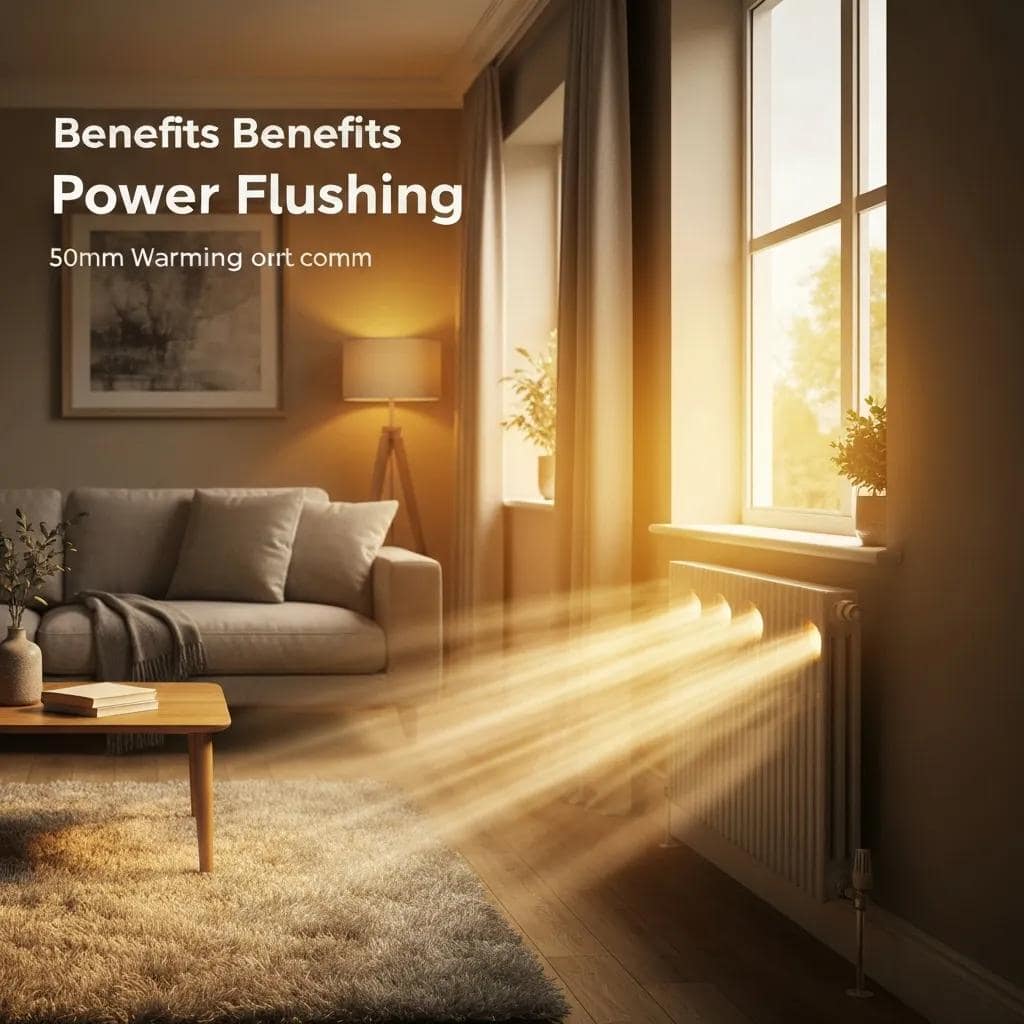 Cozy living room with a radiator emitting warm light, illustrating the benefits of power flushing for enhanced heating efficiency.