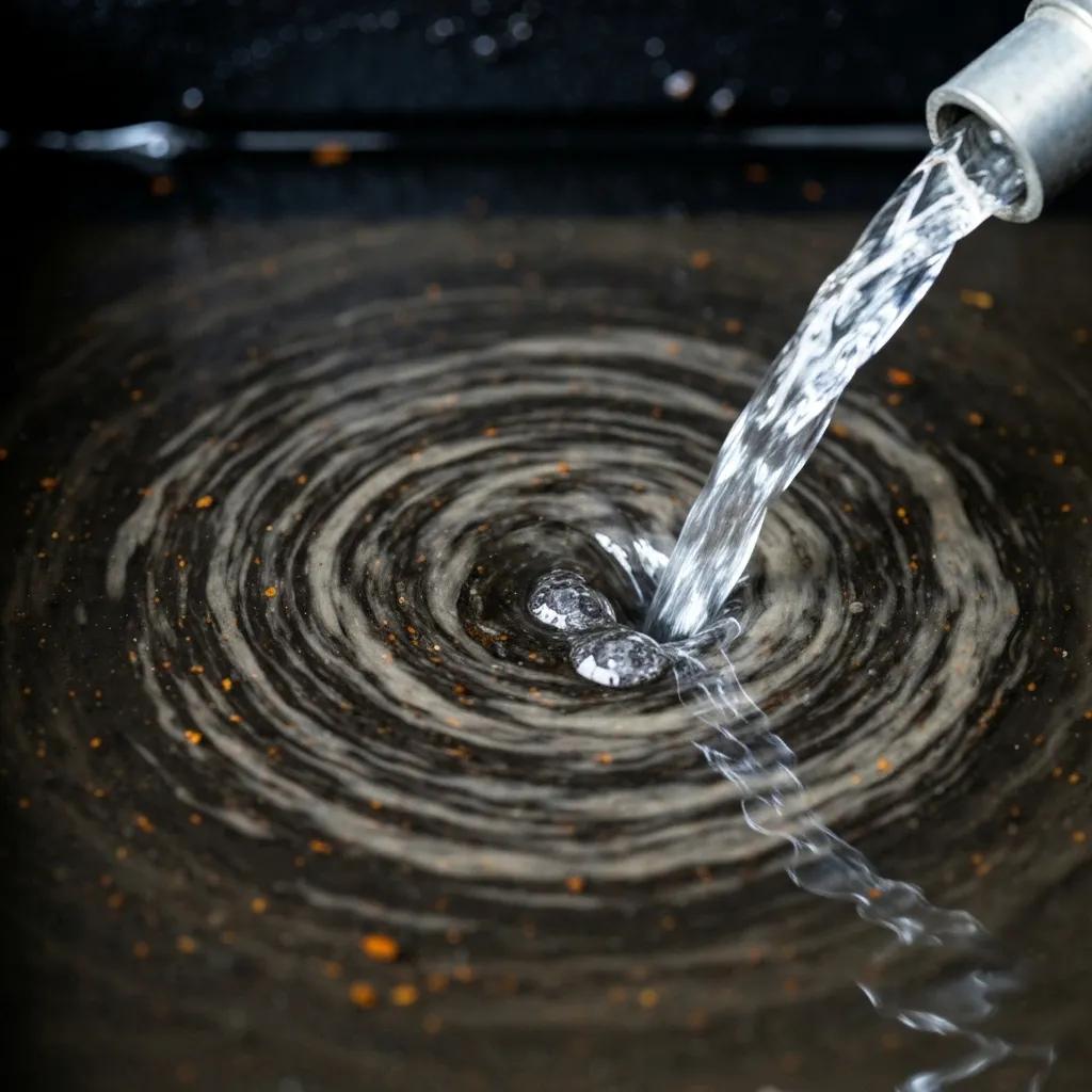 Close-up of water being poured into a dark container, creating ripples and mixing with visible rust particles, illustrating the power flushing process for heating system maintenance.